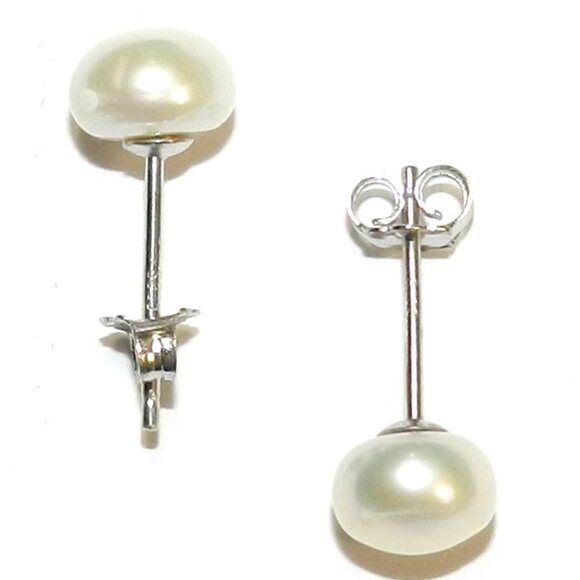 White 6mm Round Button Cultured Freshwater Pearl Silver Brass Post Earrings E195 - Picture 2 of 4